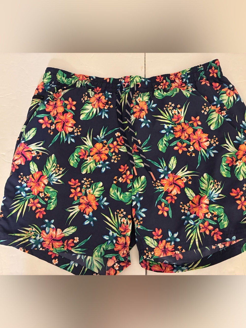 Lands' End Men's Navy Floral XL Swim Trunks with Orange Accents